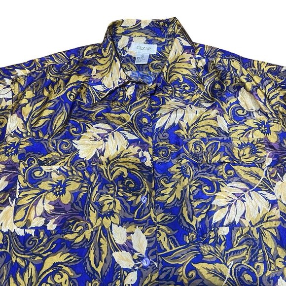 Vintage Cezar Shirt Women's Size L 100% Silk Blue Floral Button Up Short Sleeve - Picture 2 of 9